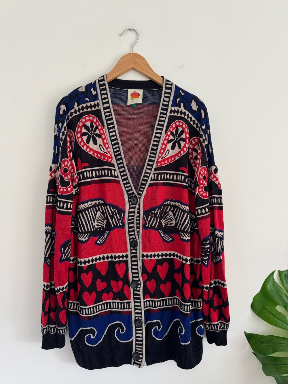 FARM Rio Red, Black & Blue Patterned Open-Front Cardigan - Picture 2 of 9